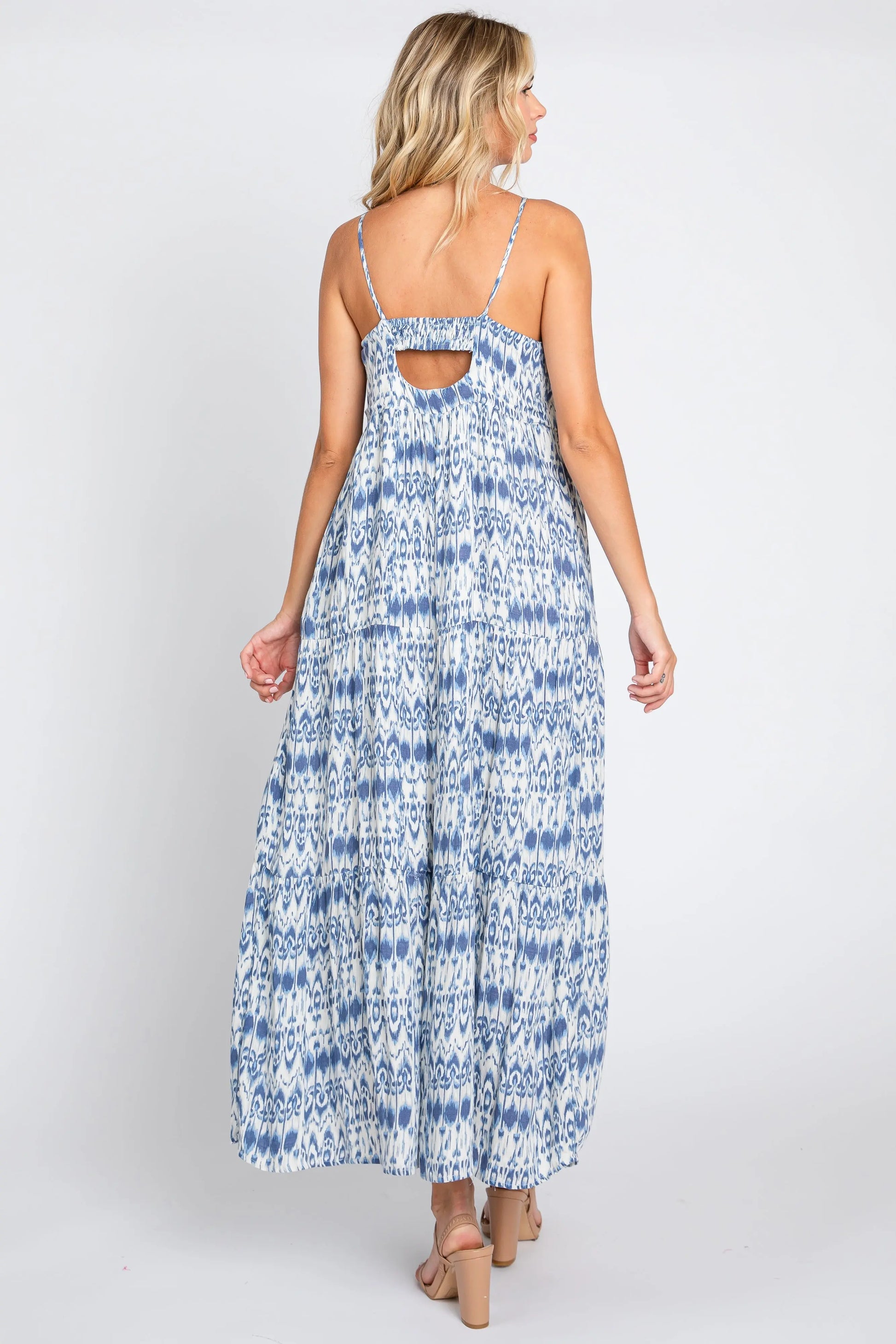 Blue Printed Tiered Maxi Dress with Back Cutout and Adjustable Straps PinkBlush