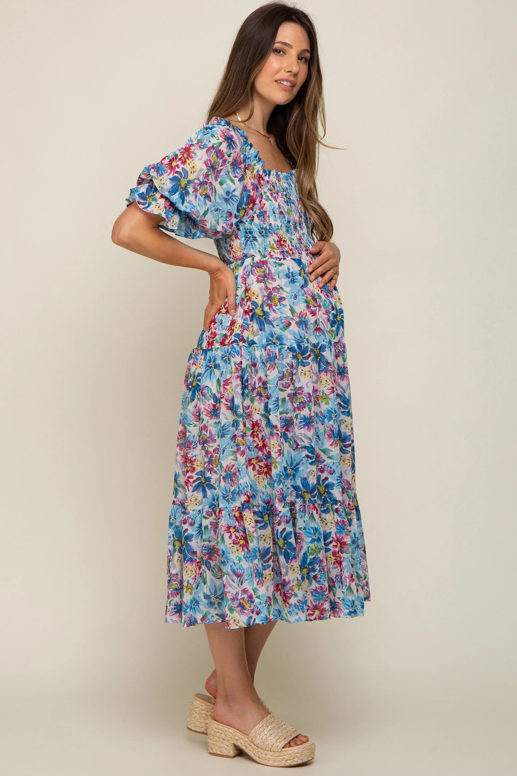 PinkBlush Elegant Chiffon Maternity Dress with Ruffle Design for Expecting Mothers - Apparel & Accessories > Clothing > Dresses