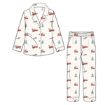Youth button down pajama set with a little red truck print, long sleeve top and matching lounge pants
