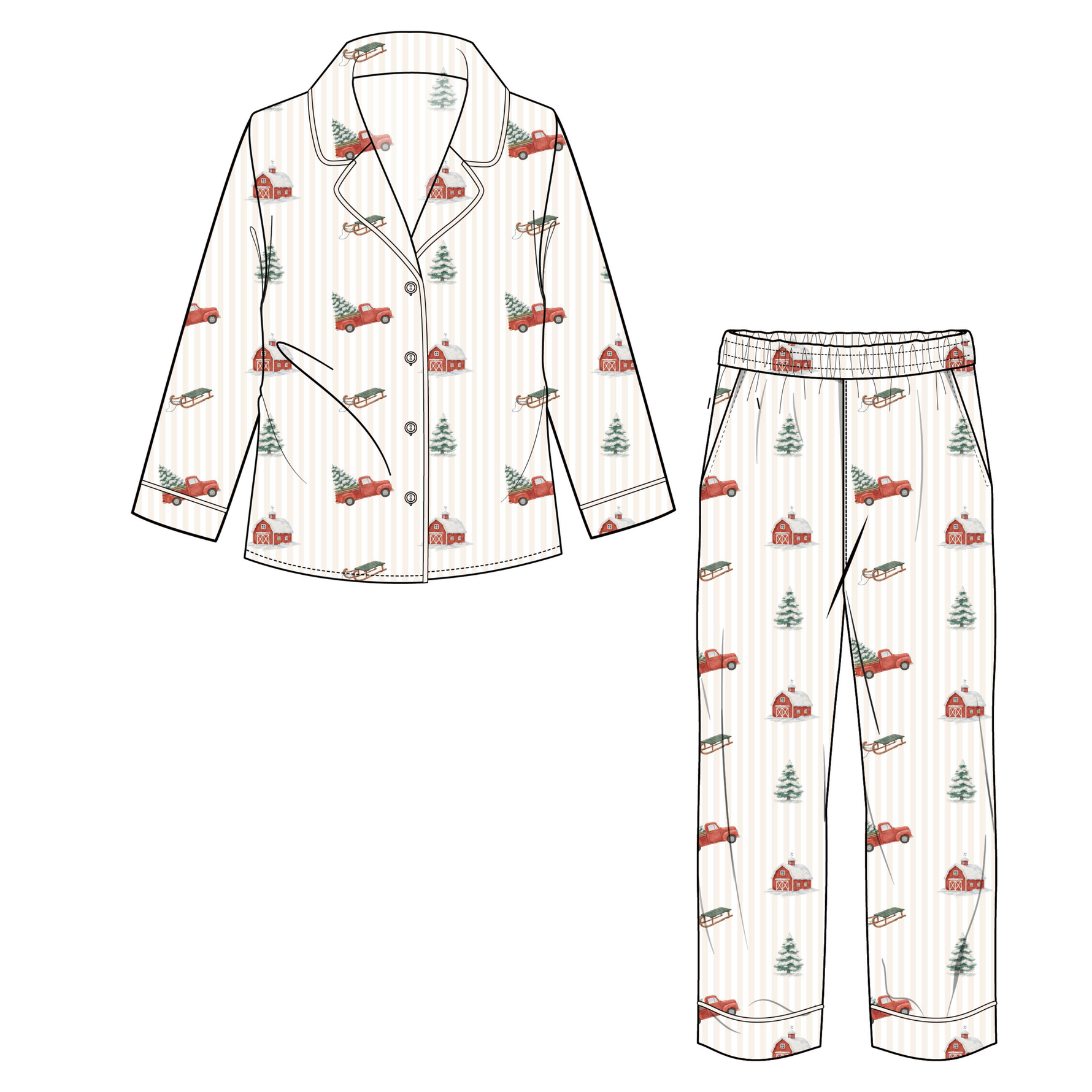 Youth button down pajama set with a little red truck print, long sleeve top and matching lounge pants