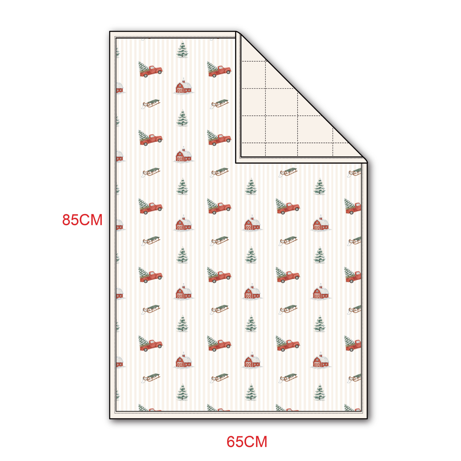 Quilted bamboo blanket with a red truck holiday print on the smooth front and a coordinating solid quilted back.