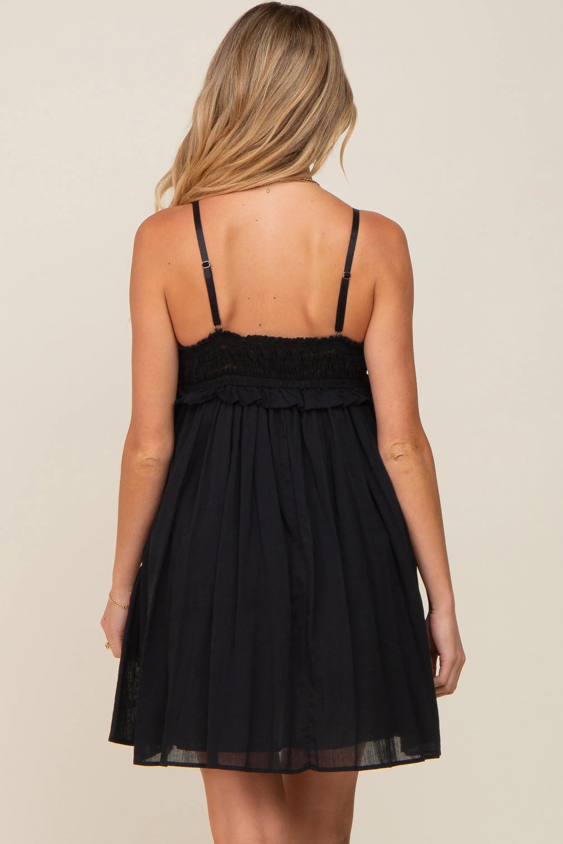 Black Crochet Ruffle Maternity Dress With V Neckline And Adjustable Straps PinkBlush