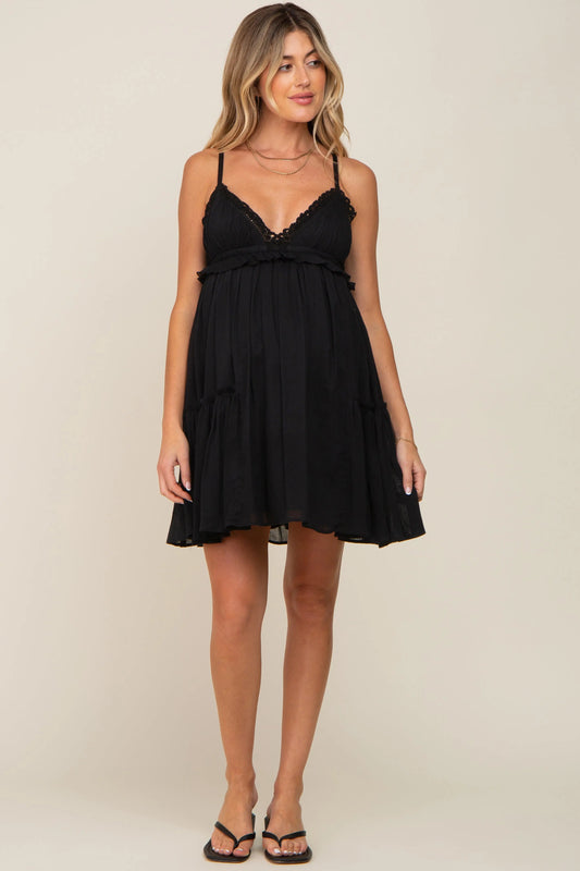Black Crochet Ruffle Maternity Dress With V Neckline And Adjustable Straps PinkBlush