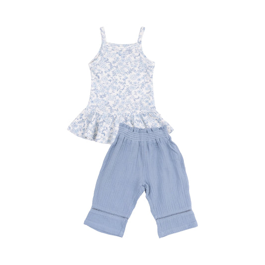 Peplum Tank and Smocked Waist Pants Set in Blue Calico Floral for Girls Angel Dear