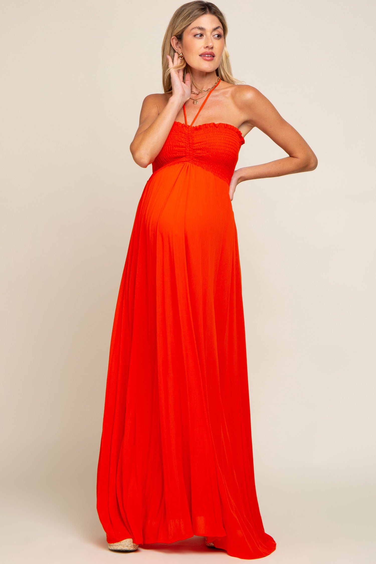 Orange Smocked Halter Maternity Maxi Dress by PinkBlush at Everetts Place