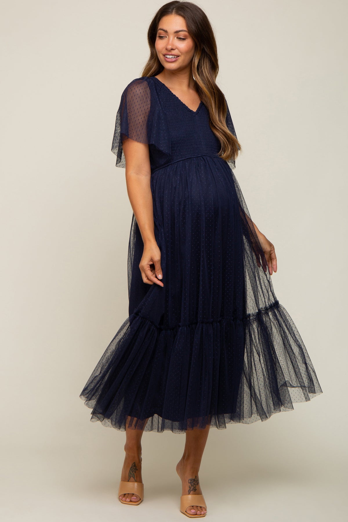 Navy Blue Dotted Tulle Smocked Maternity Midi Dress by PinkBlush at Everetts Place