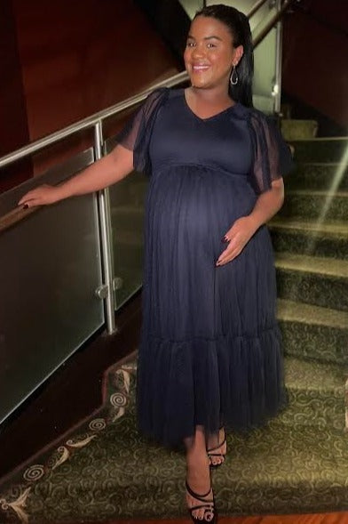 Navy Blue Dotted Tulle Smocked Maternity Midi Dress by PinkBlush