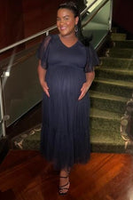 Navy Blue Dotted Tulle Smocked Maternity Midi Dress by PinkBlush