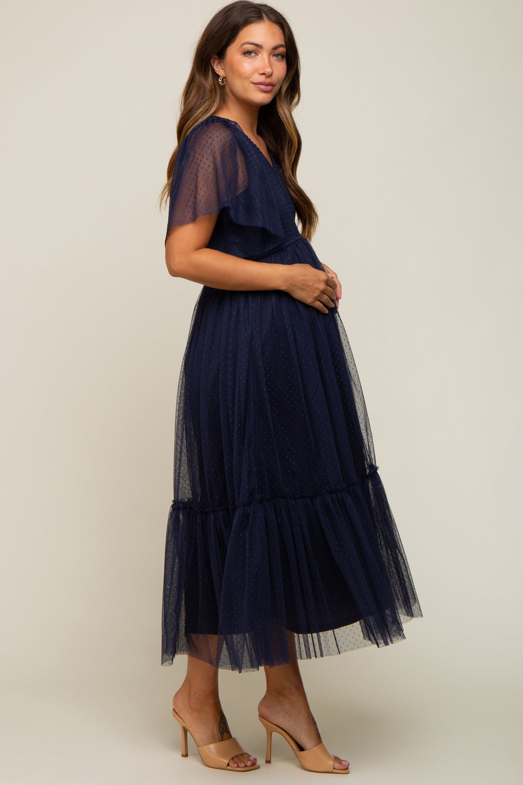 Navy Blue Dotted Tulle Smocked Maternity Midi Dress by PinkBlush at Everetts Place