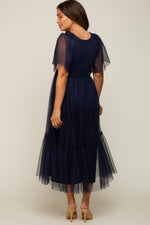 Navy Blue Dotted Tulle Smocked Maternity Midi Dress by PinkBlush