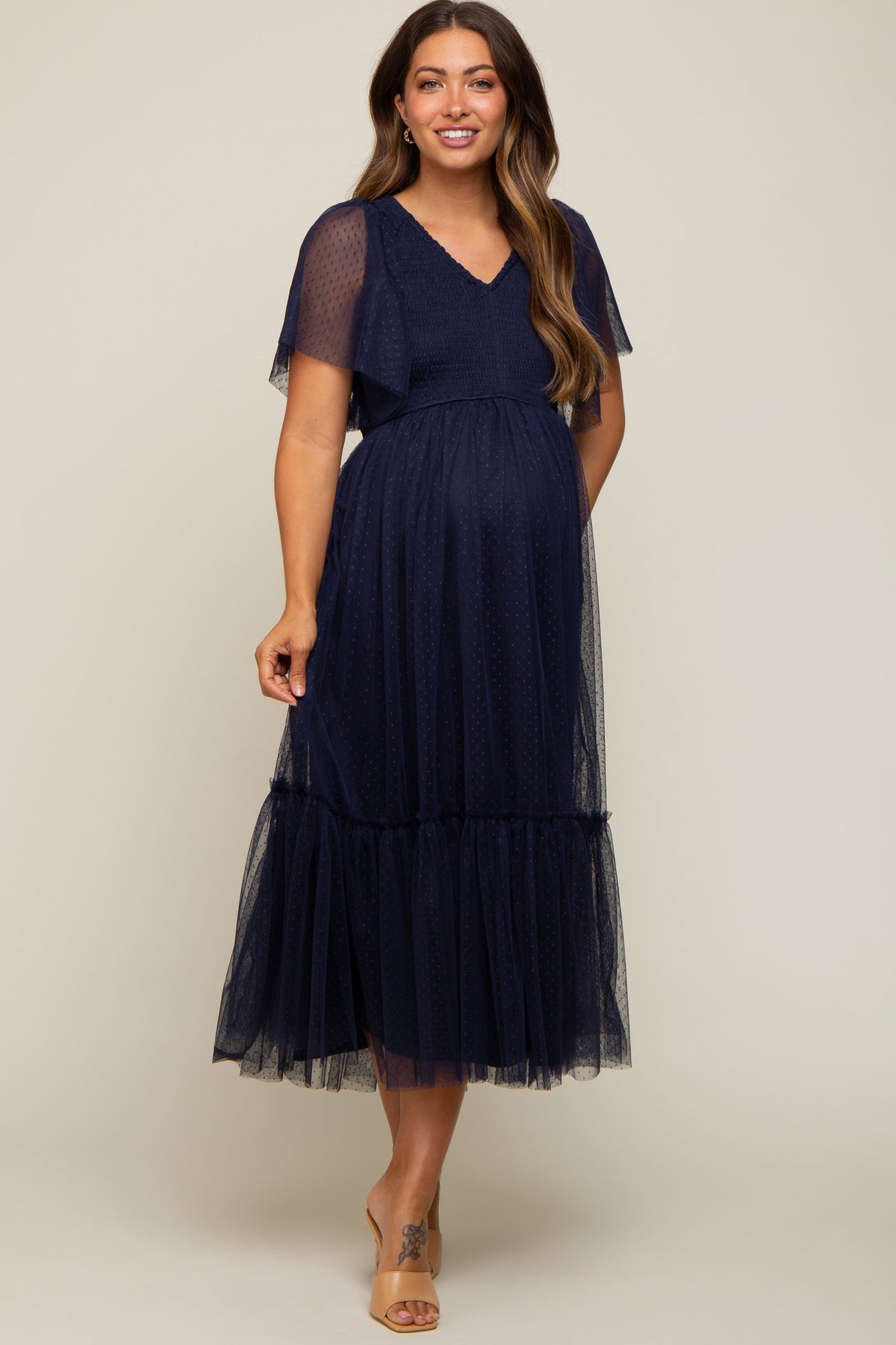 Navy Blue Dotted Tulle Smocked Maternity Midi Dress by PinkBlush