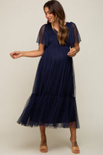 Navy Blue Dotted Tulle Smocked Maternity Midi Dress by PinkBlush