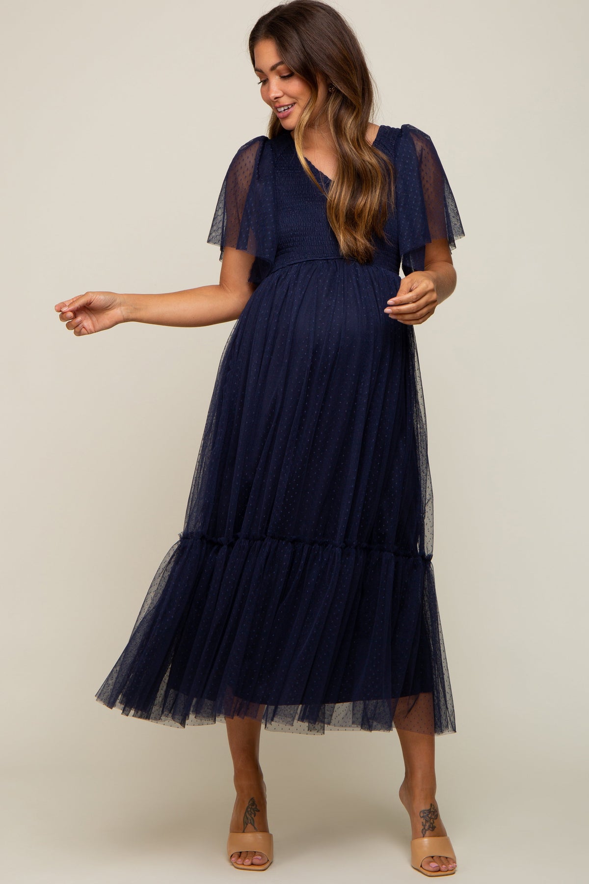 Navy Blue Dotted Tulle Smocked Maternity Midi Dress by PinkBlush