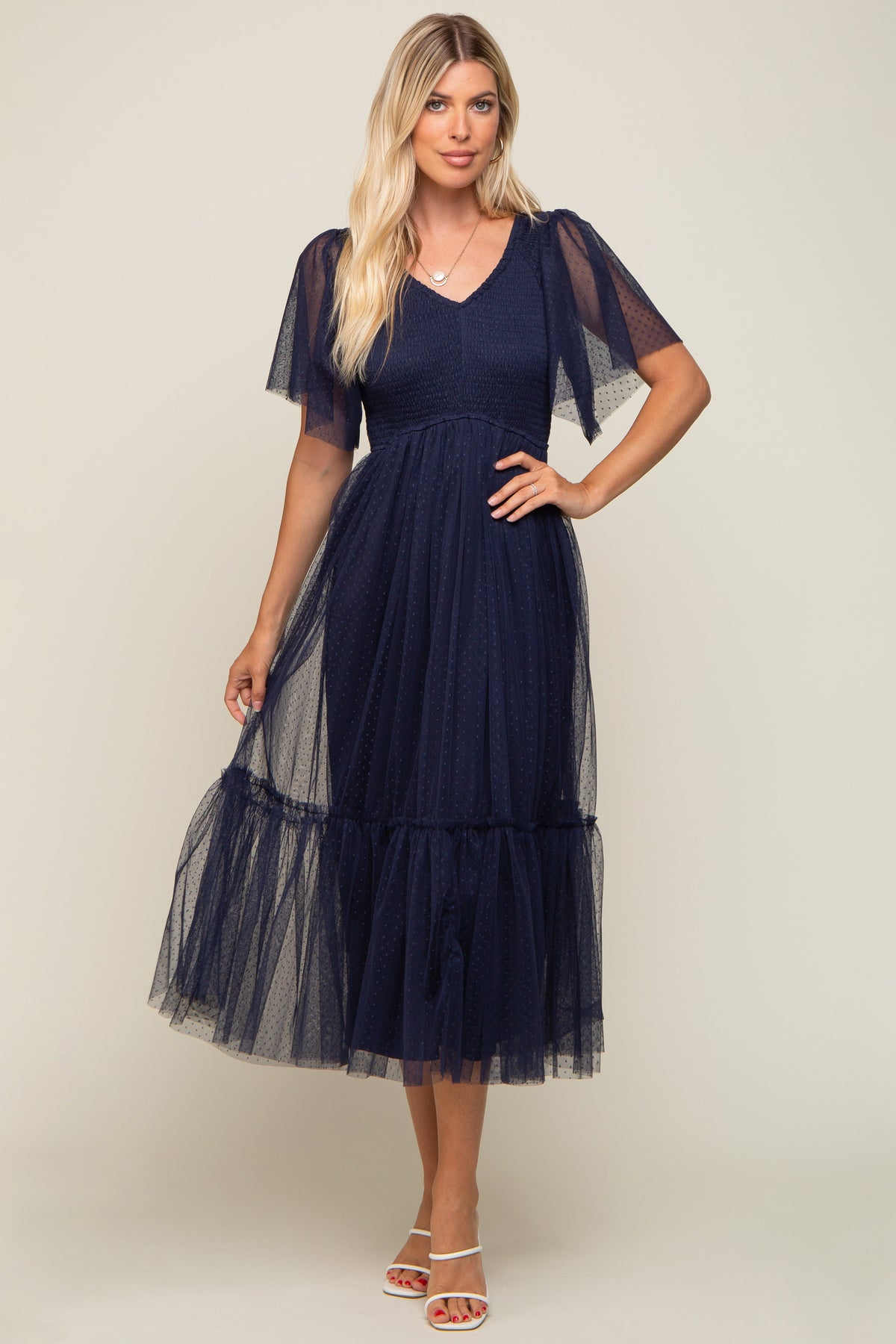Navy Blue Dotted Tulle Smocked Maternity Midi Dress by PinkBlush at Everetts Place