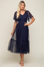 Navy Blue Dotted Tulle Smocked Maternity Midi Dress by PinkBlush at Everetts Place
