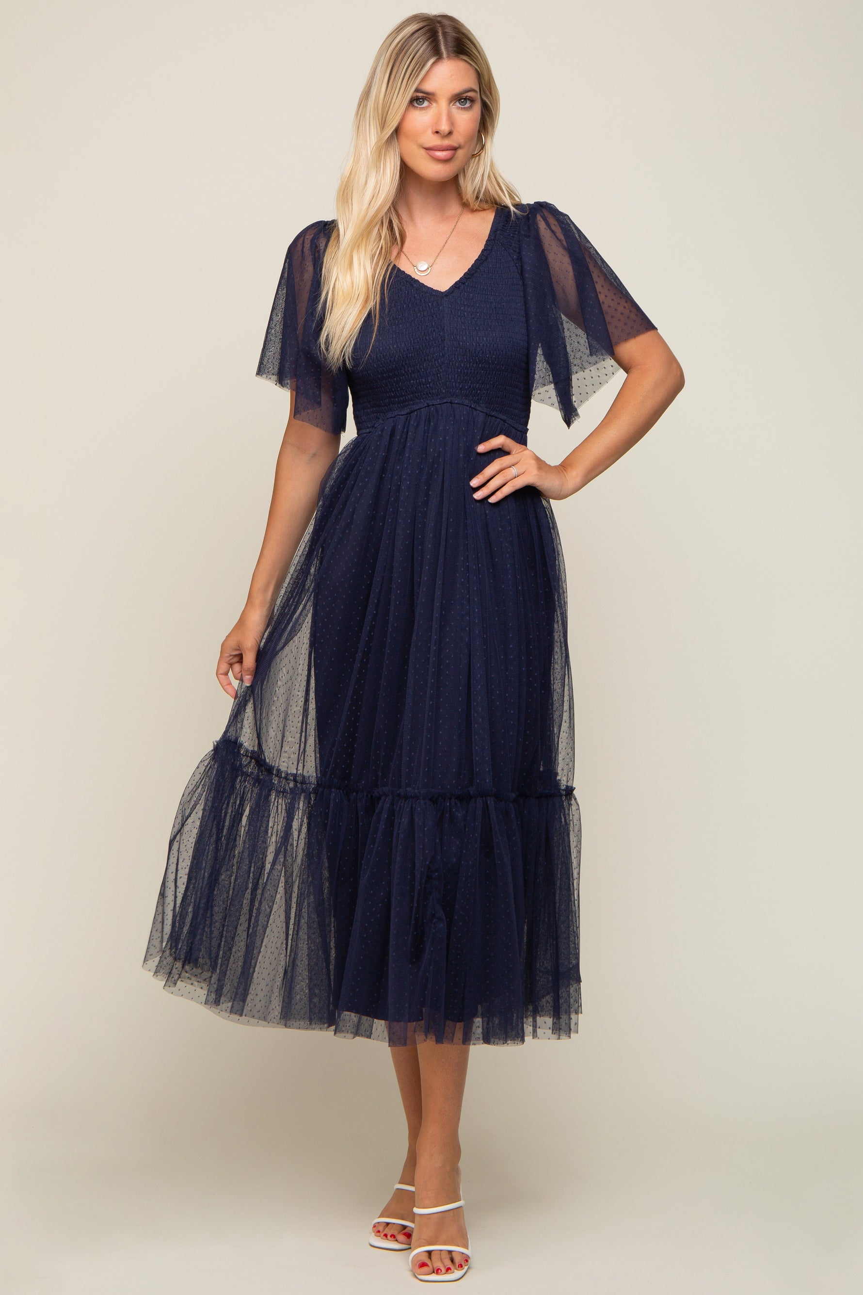 Navy Blue Dotted Tulle Smocked Maternity Midi Dress by PinkBlush at Everetts Place