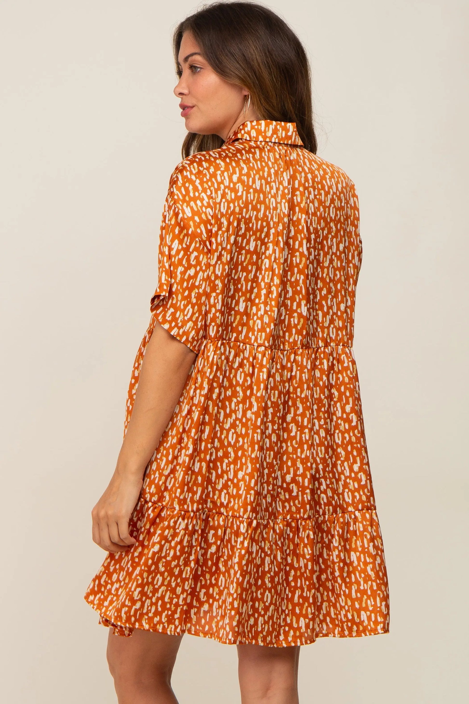 Rust Printed Satin Collared Maternity Dress with Functioning Buttons and Pockets PinkBlush
