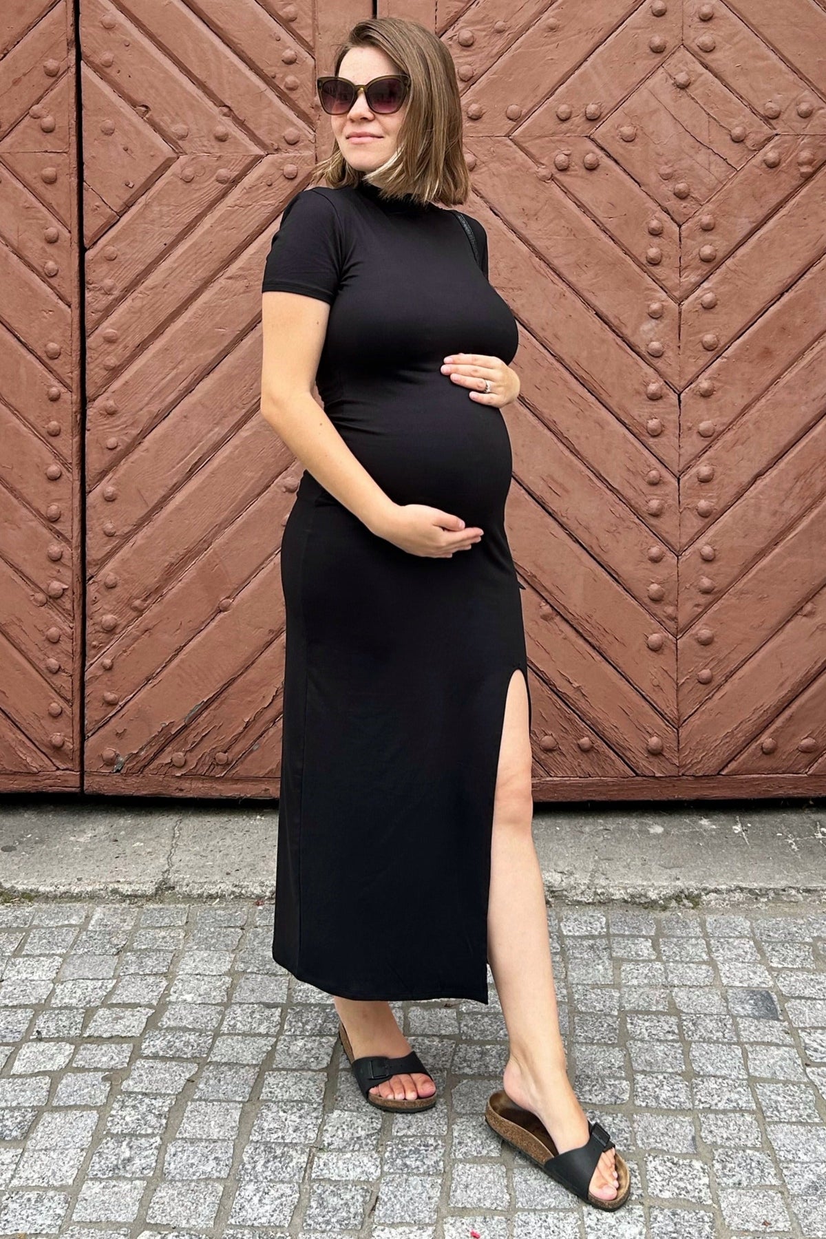 Mock Neck Front Slit Maternity Maxi Dress - Short Sleeve by PinkBlush