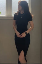 Soft Knit Mock Neck Front Slit Short Sleeve Maxi Dress by PinkBlush