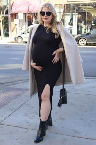 Mock Neck Front Slit Maternity Maxi Dress - Short Sleeve by PinkBlush