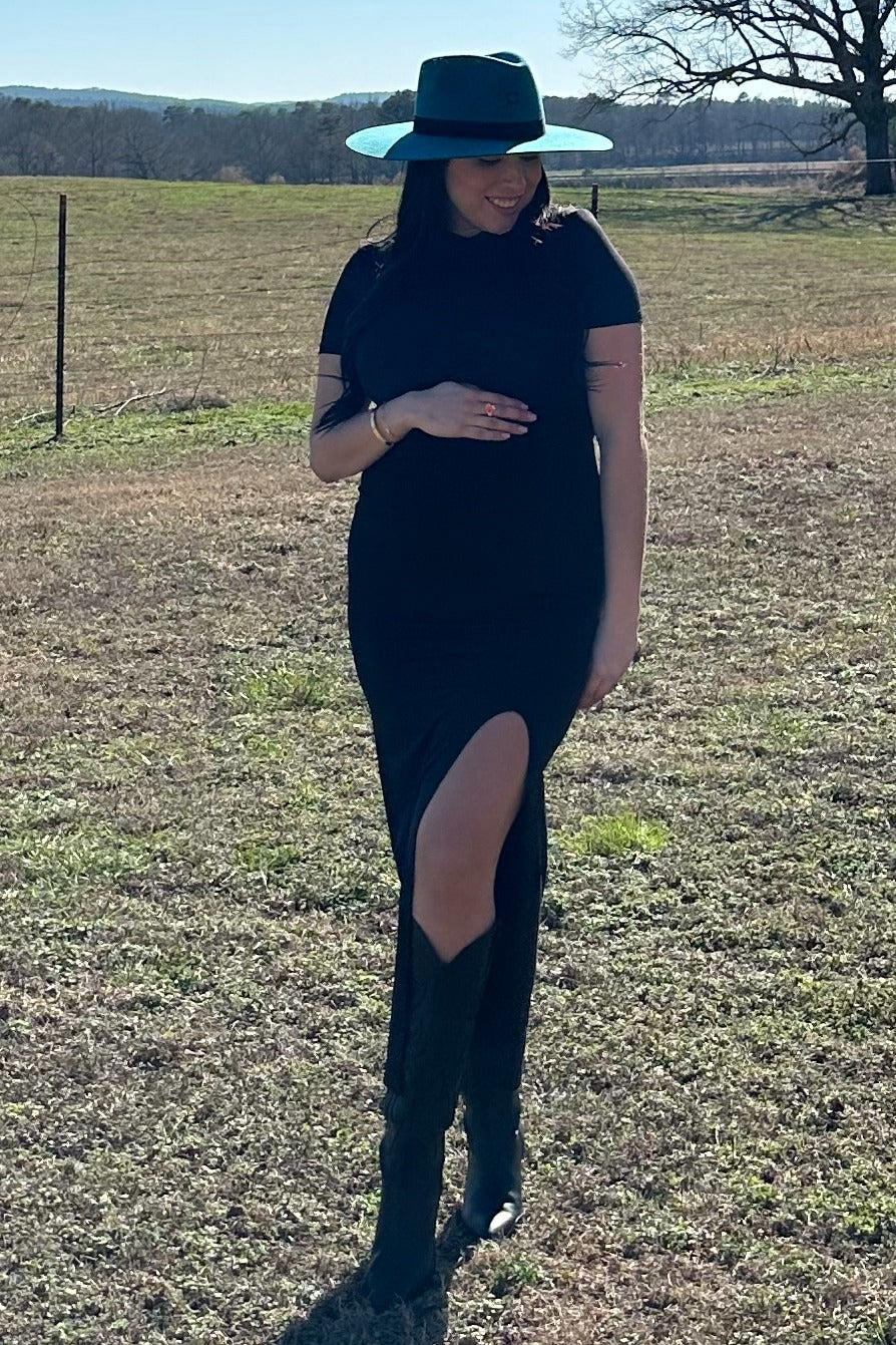 Mock Neck Front Slit Maternity Maxi Dress - Short Sleeve by PinkBlush