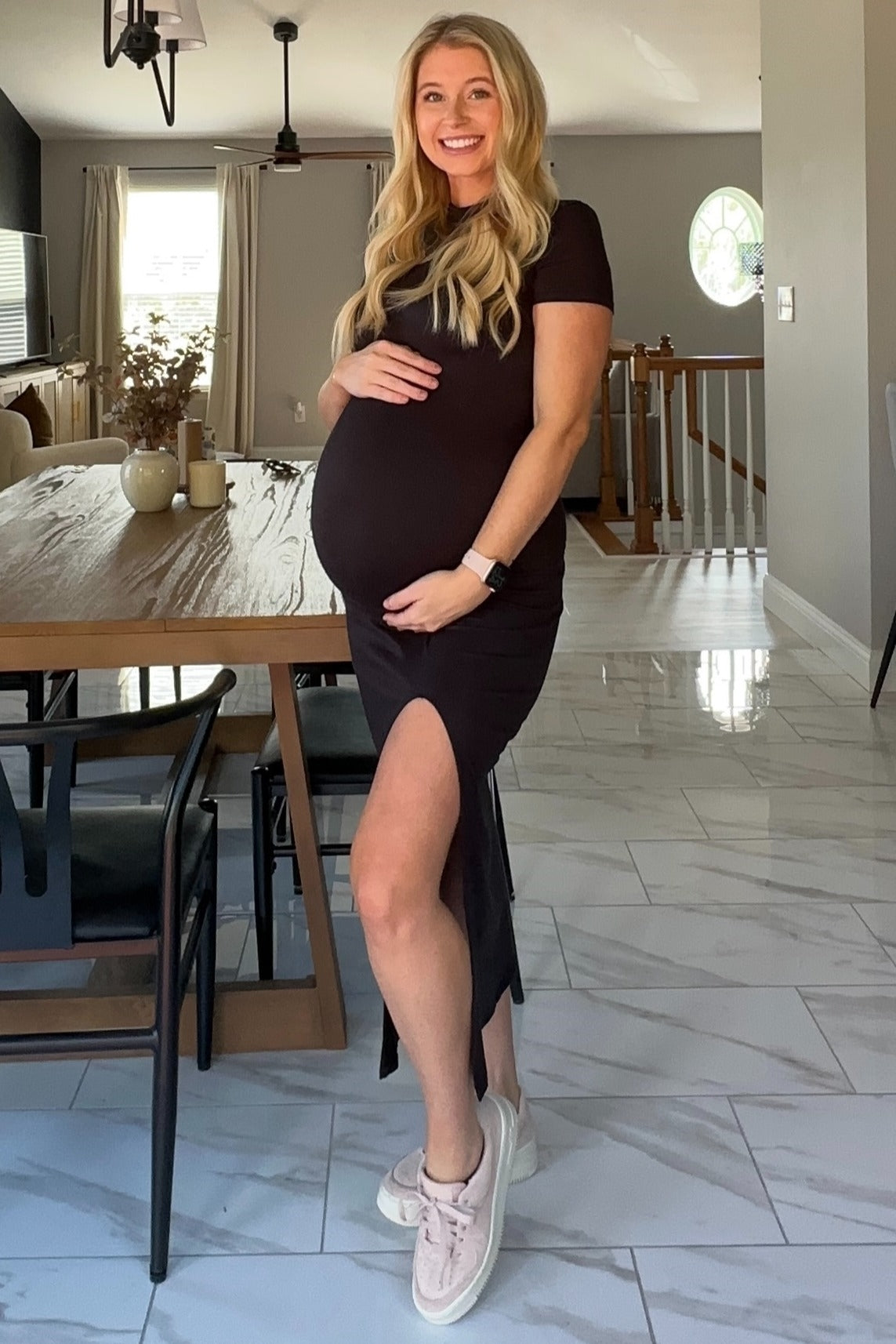 Mock Neck Front Slit Maternity Maxi Dress - Short Sleeve by PinkBlush