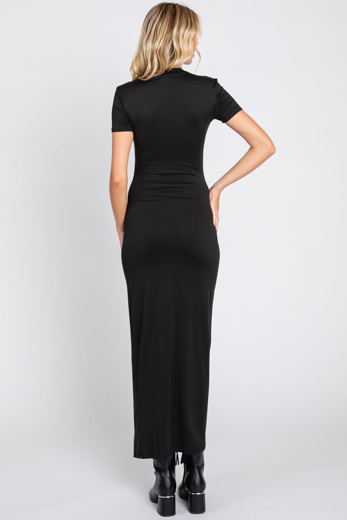 Soft Knit Mock Neck Front Slit Short Sleeve Maxi Dress by PinkBlush