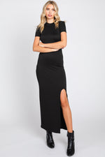 Soft Knit Mock Neck Front Slit Short Sleeve Maxi Dress by PinkBlush