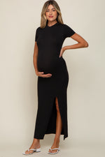 Mock Neck Front Slit Maternity Maxi Dress - Short Sleeve by PinkBlush