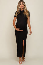 Mock Neck Front Slit Maternity Maxi Dress - Short Sleeve by PinkBlush