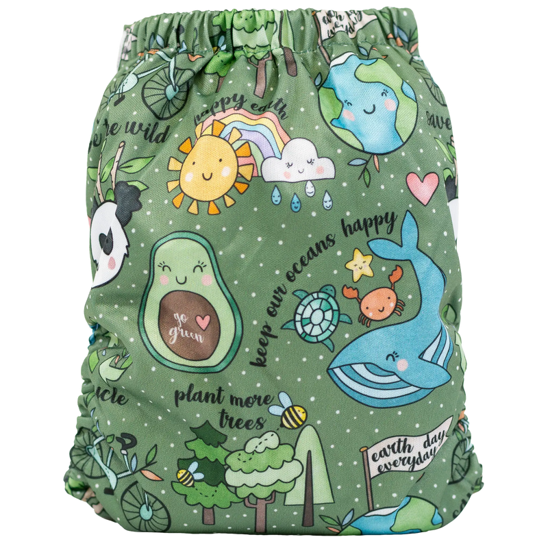 Slim Fit AIO Cloth Diaper with whimsical earth-themed print, eco-friendly design for babies 8-40lbs.