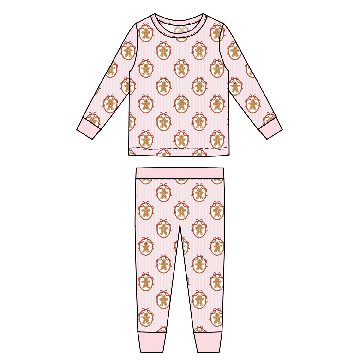 Toddler two-piece pajamas in a pink gingerbread man print with long sleeves and pants.