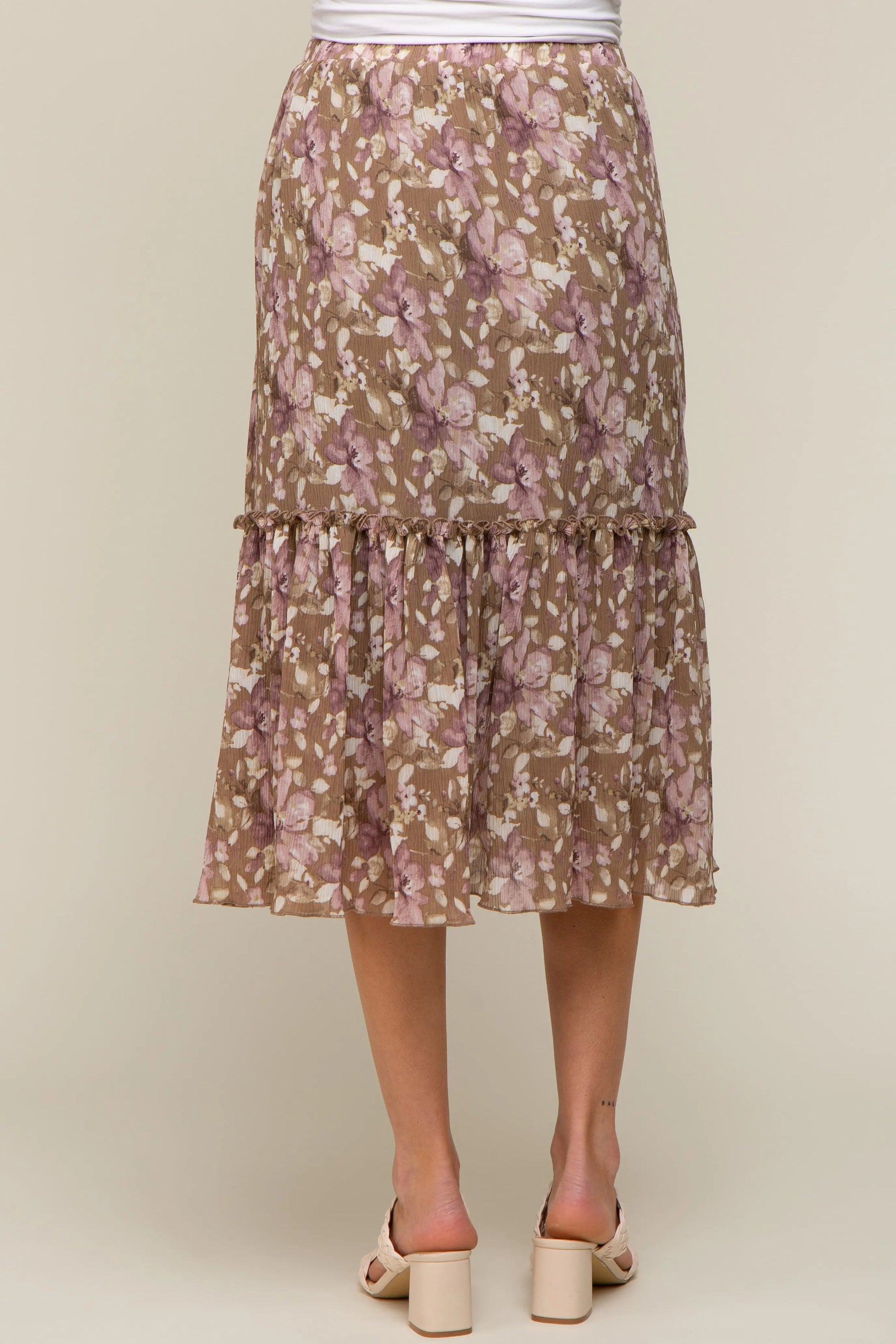 PinkBlush Mocha Floral Maternity Midi Skirt with Ruffle Accent for Expecting Mothers - Apparel & Accessories > Clothing > Dresses