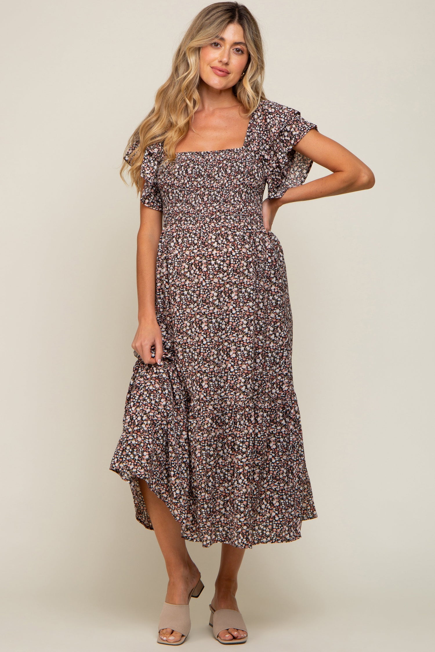 Black Floral Flutter Maternity Midi Dress by PinkBlush at Everetts Place
