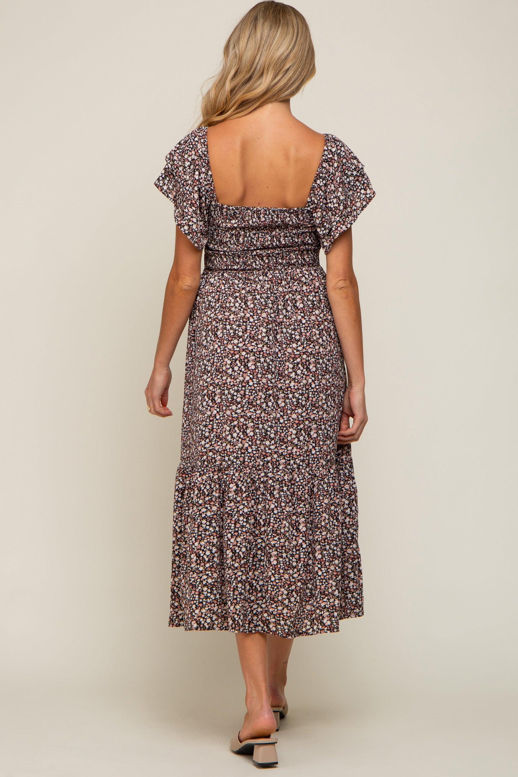 Black Floral Flutter Maternity Midi Dress by PinkBlush at Everetts Place