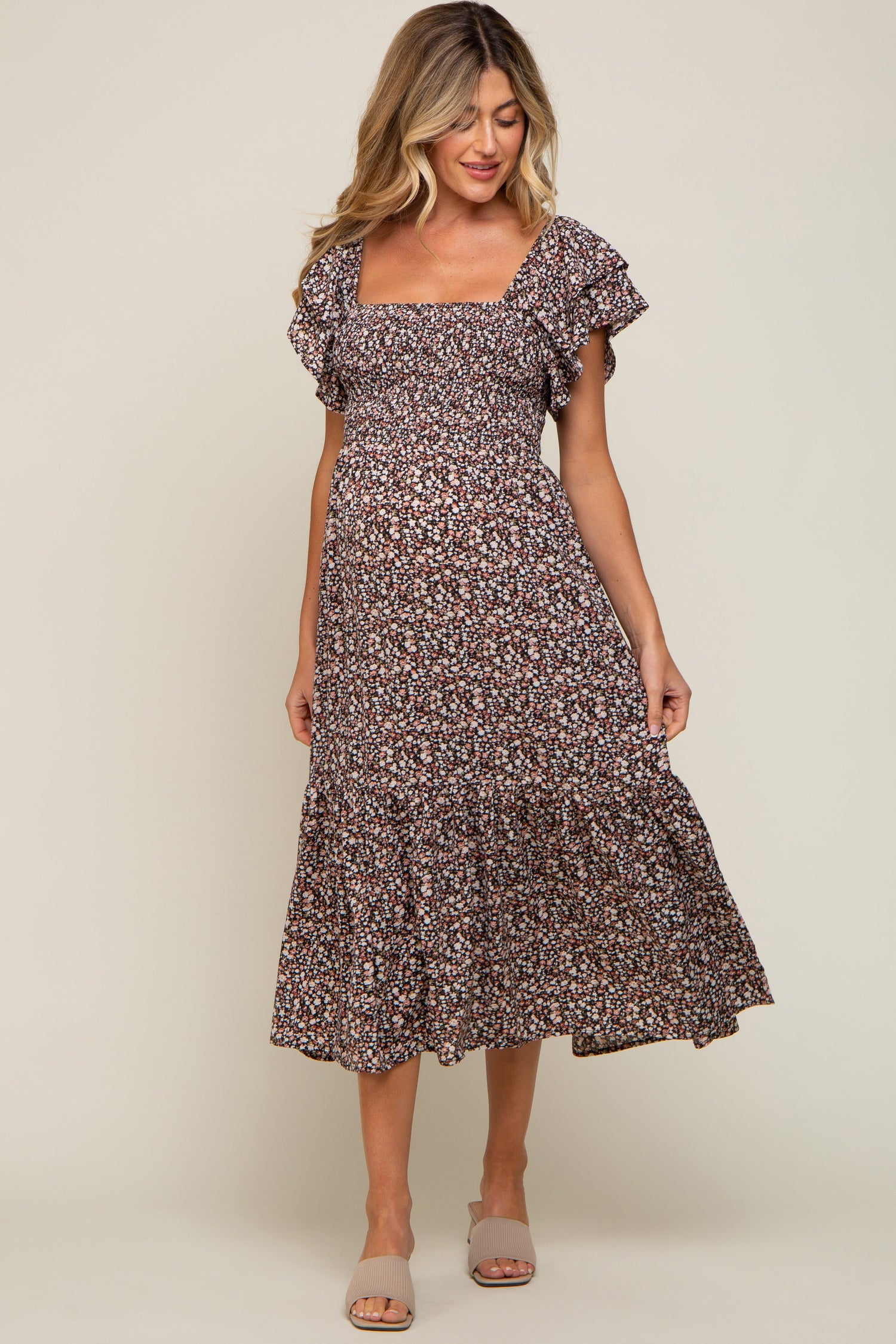 Black Floral Flutter Maternity Midi Dress by PinkBlush at Everetts Place