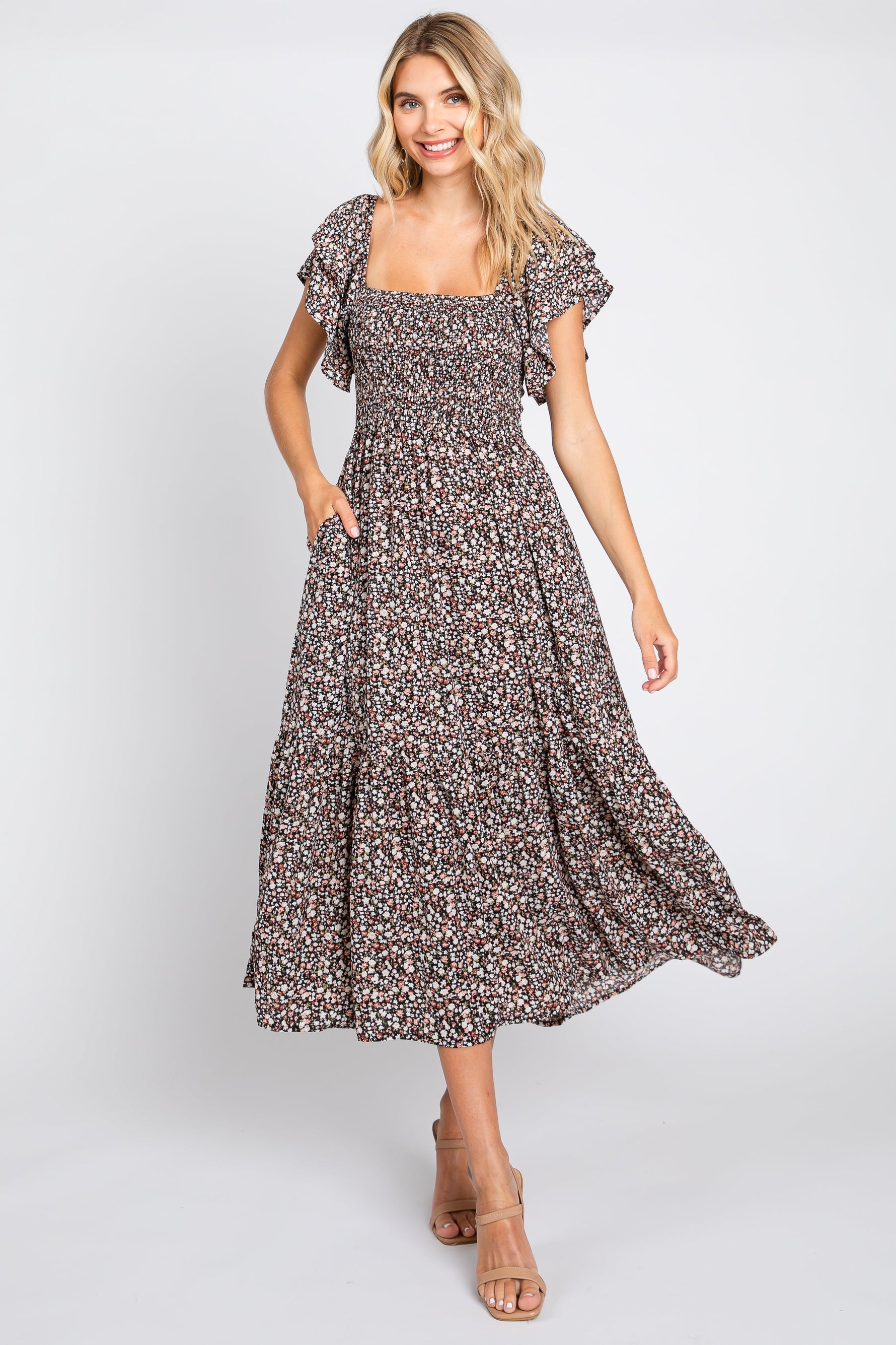 Black Floral Flutter Maternity Midi Dress by PinkBlush at Everetts Place