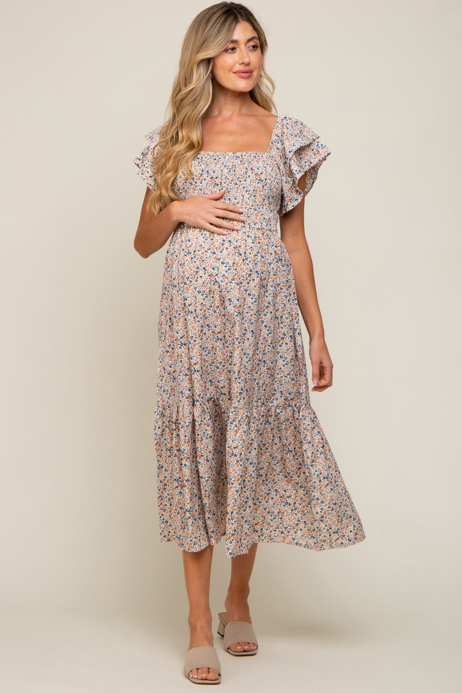 Cream Floral Flutter Maternity Midi Dress by PinkBlush at Everetts Place