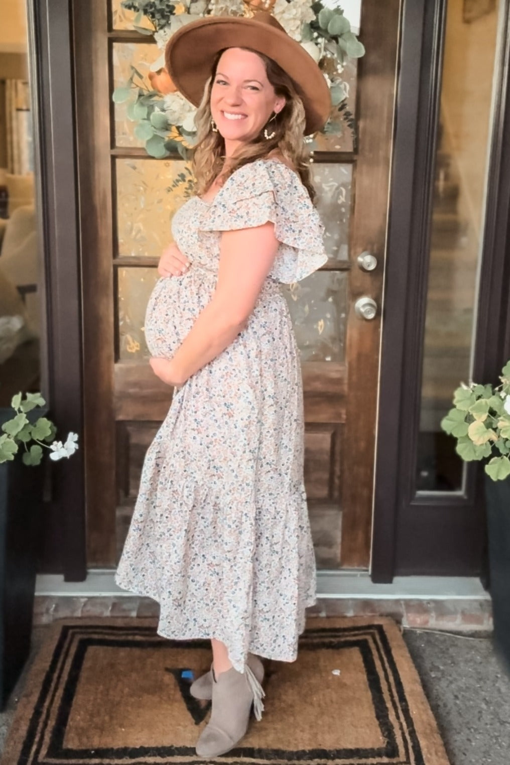 Cream Floral Flutter Maternity Midi Dress by PinkBlush at Everetts Place