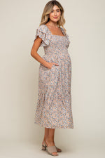 Cream Floral Flutter Maternity Midi Dress by PinkBlush at Everetts Place