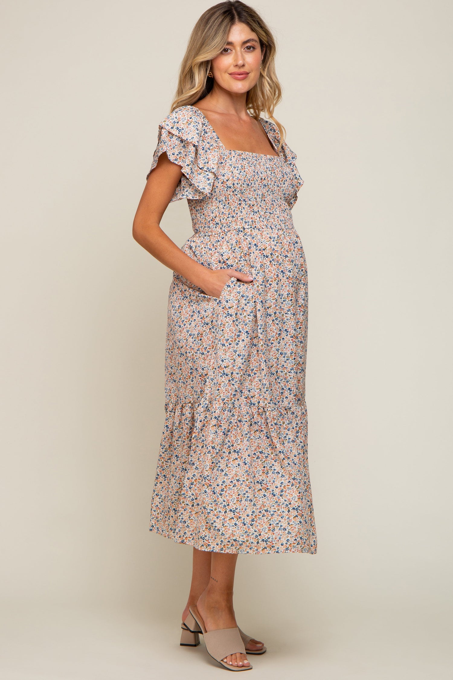 Cream Floral Flutter Maternity Midi Dress by PinkBlush at Everetts Place
