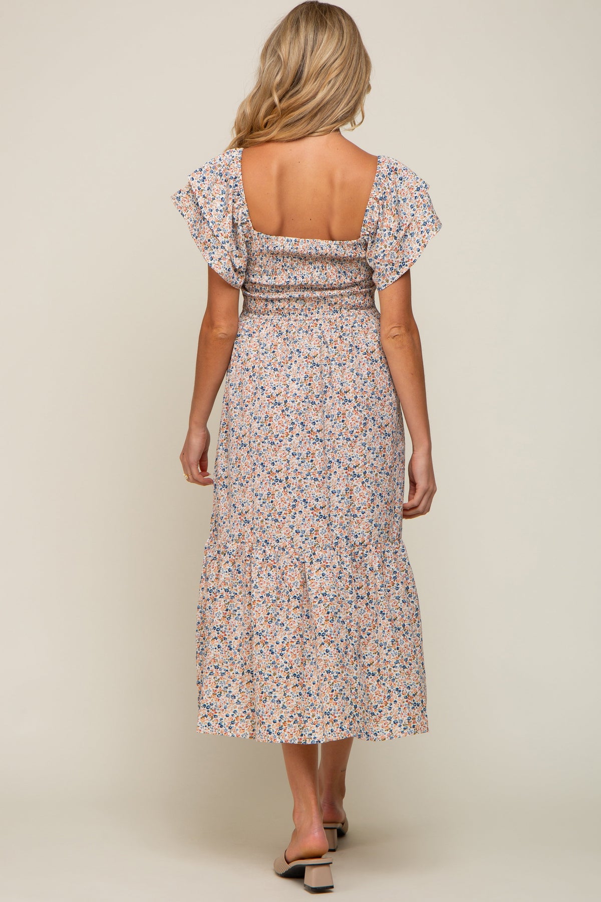 Cream Floral Flutter Maternity Midi Dress by PinkBlush at Everetts Place