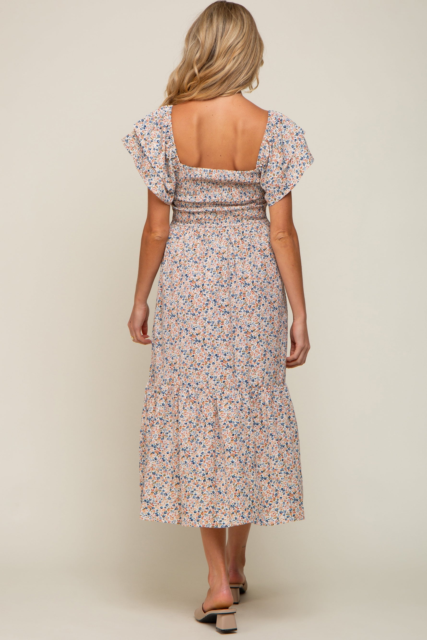 Cream Floral Flutter Maternity Midi Dress by PinkBlush at Everetts Place