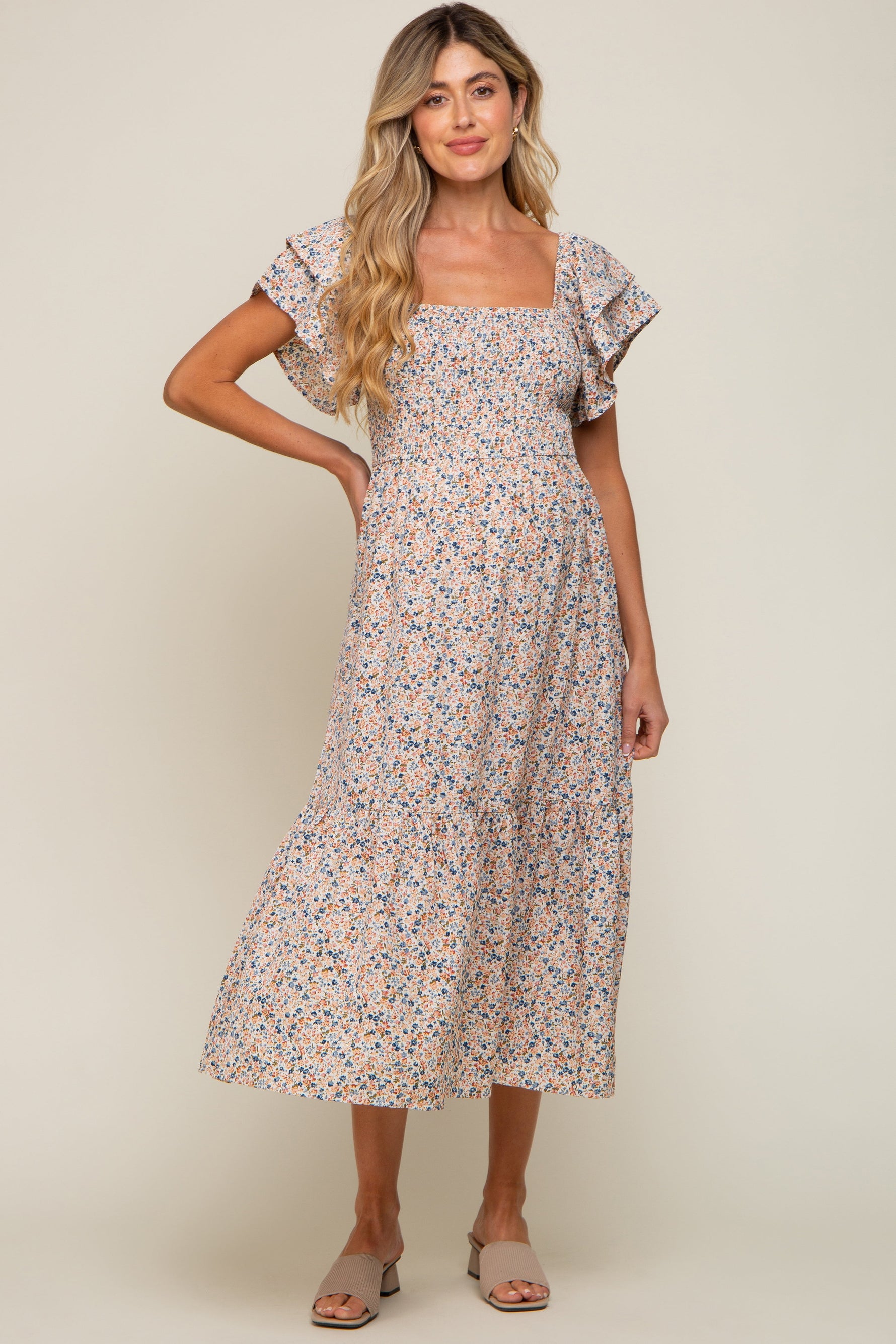 Cream Floral Flutter Maternity Midi Dress by PinkBlush at Everetts Place