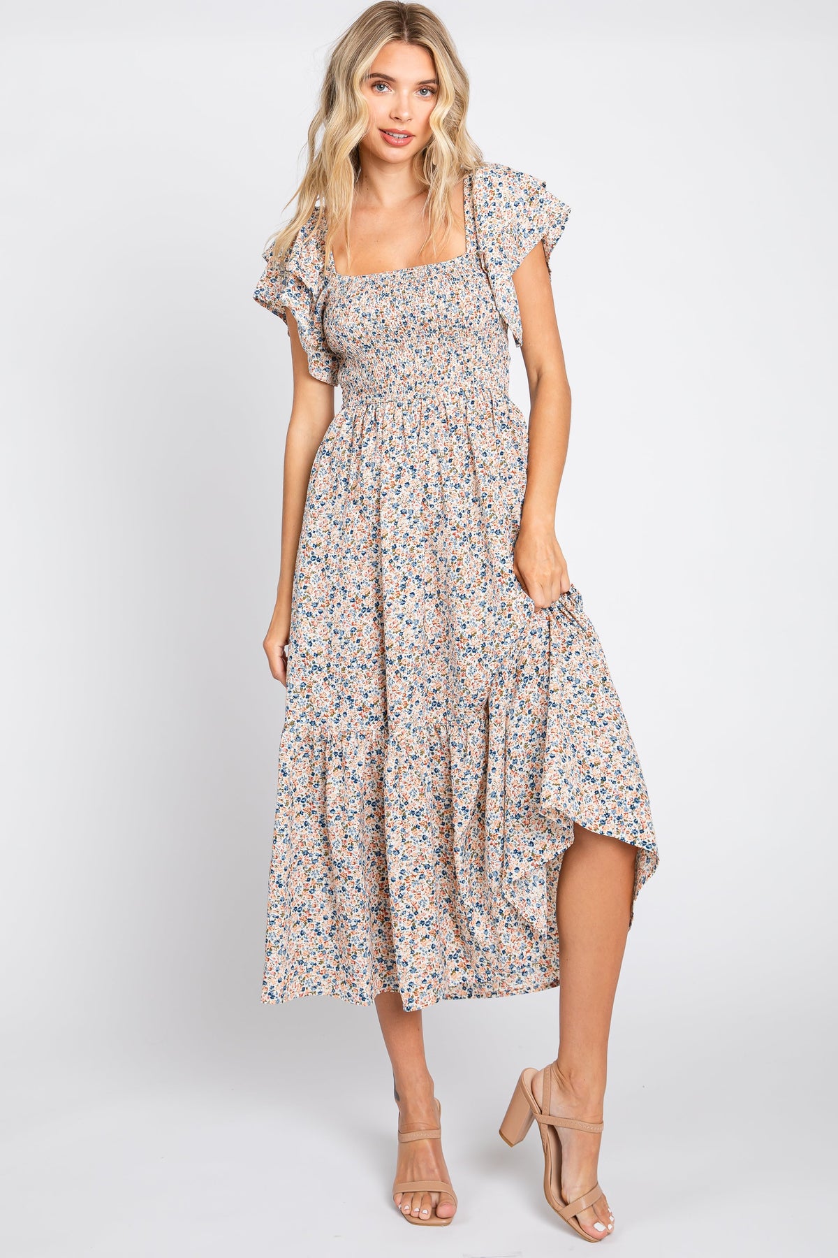 Cream Floral Flutter Maternity Midi Dress by PinkBlush at Everetts Place