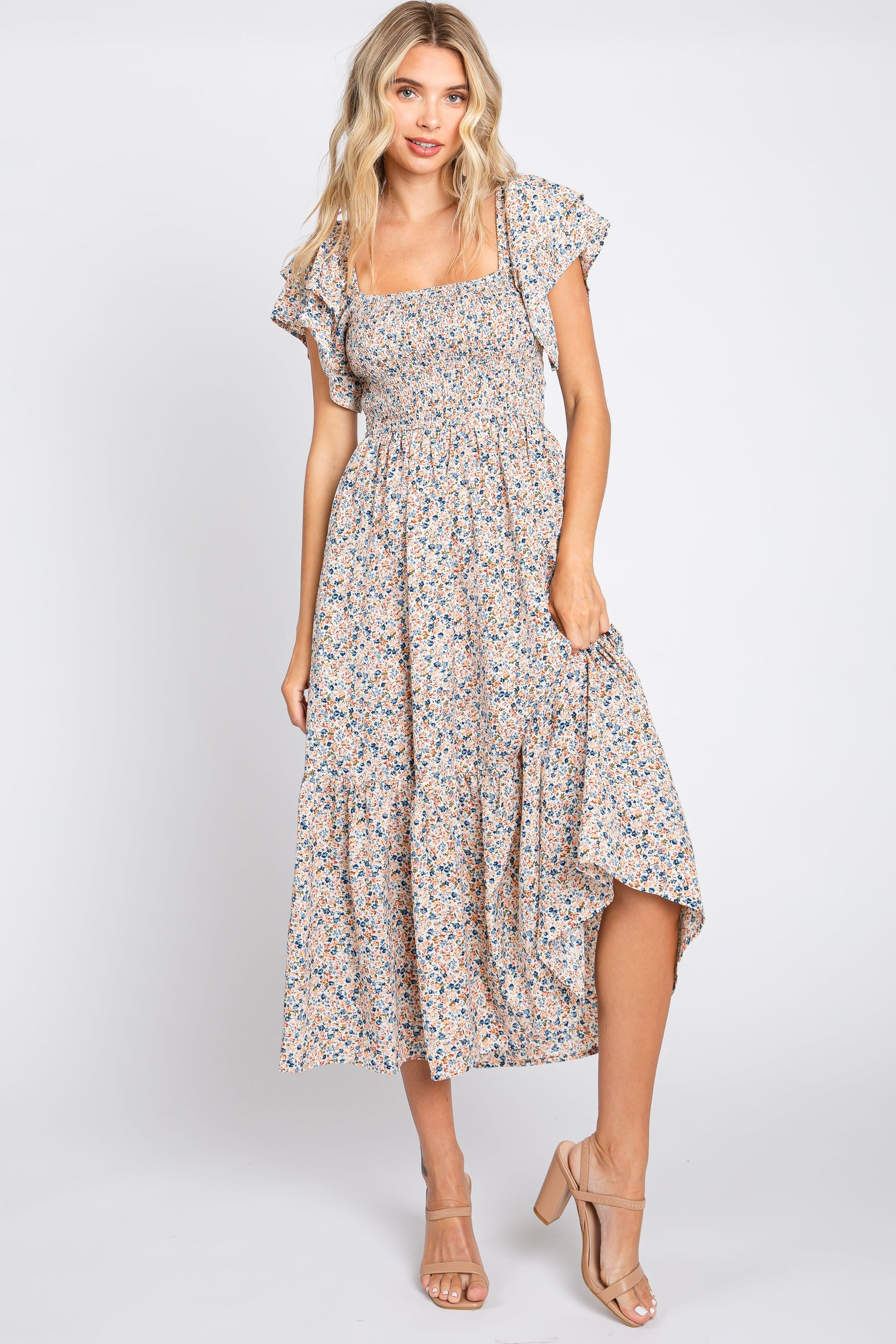 Cream Floral Flutter Maternity Midi Dress by PinkBlush at Everetts Place
