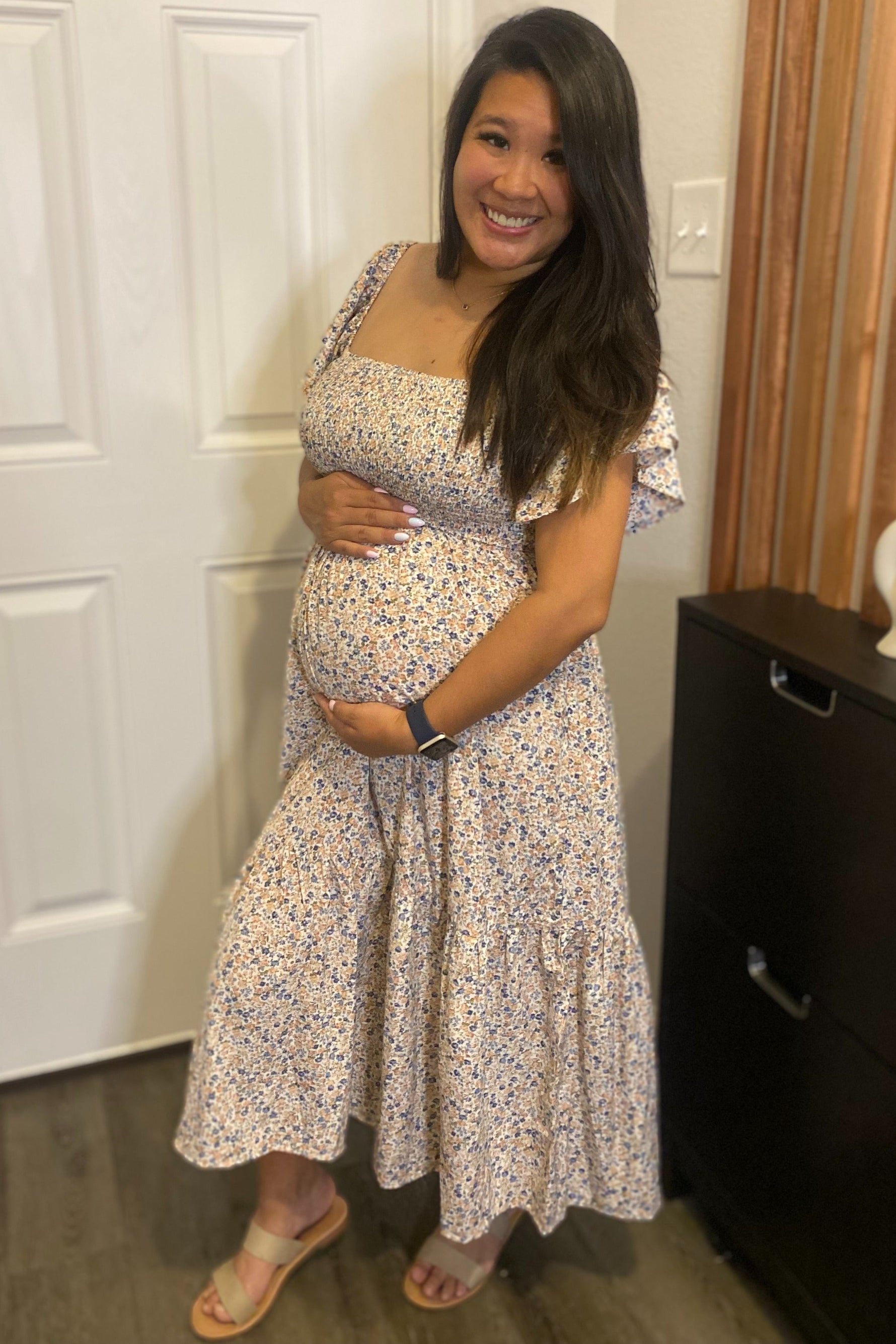 Cream Floral Flutter Maternity Midi Dress by PinkBlush at Everetts Place