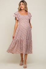Light Pink Floral Flutter Maternity Midi Dress by PinkBlush at Everetts Place