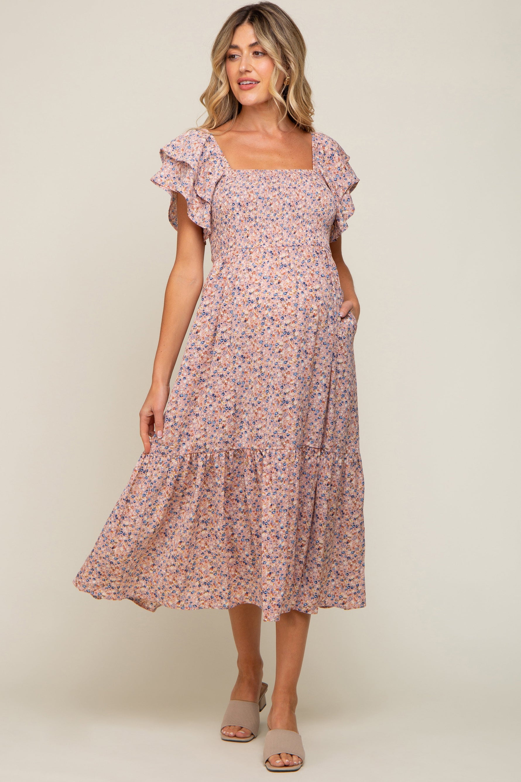 Light Pink Floral Flutter Maternity Midi Dress by PinkBlush at Everetts Place
