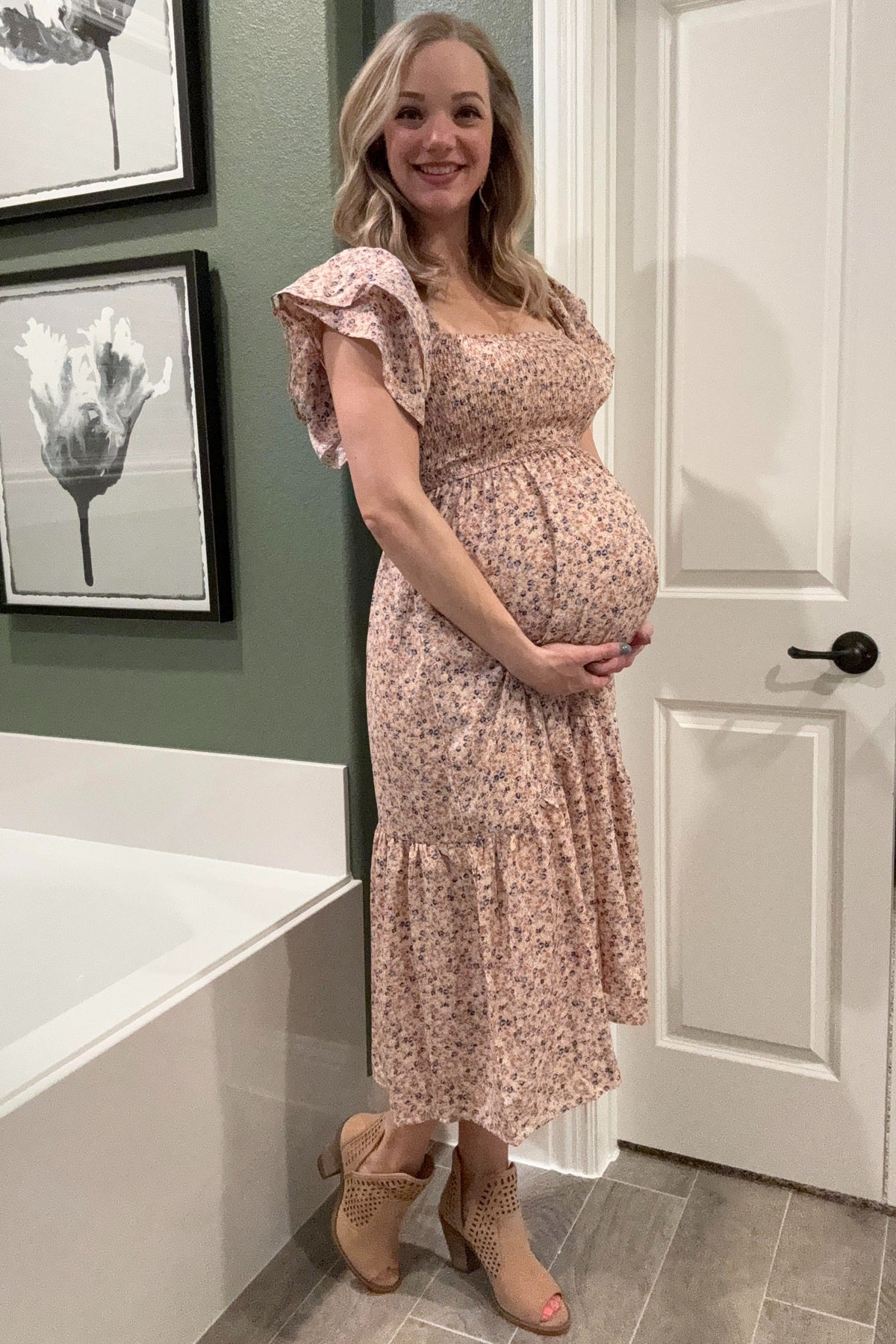 Light Pink Floral Flutter Maternity Midi Dress by PinkBlush at Everetts Place